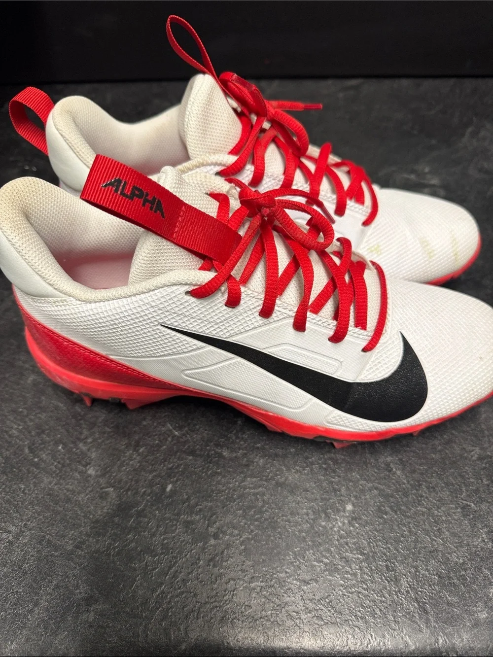 Nike White and Red Football Cleats with Black Swoosh